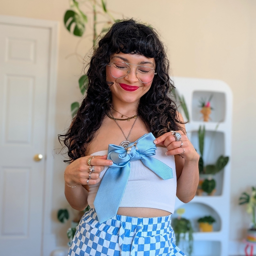 Upcycled baby blue bow tie with pearl detail
